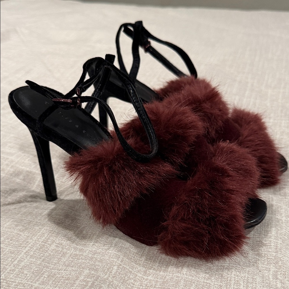 Faux Fur Maroon Strap Heels - Women - Picture 2 of 2